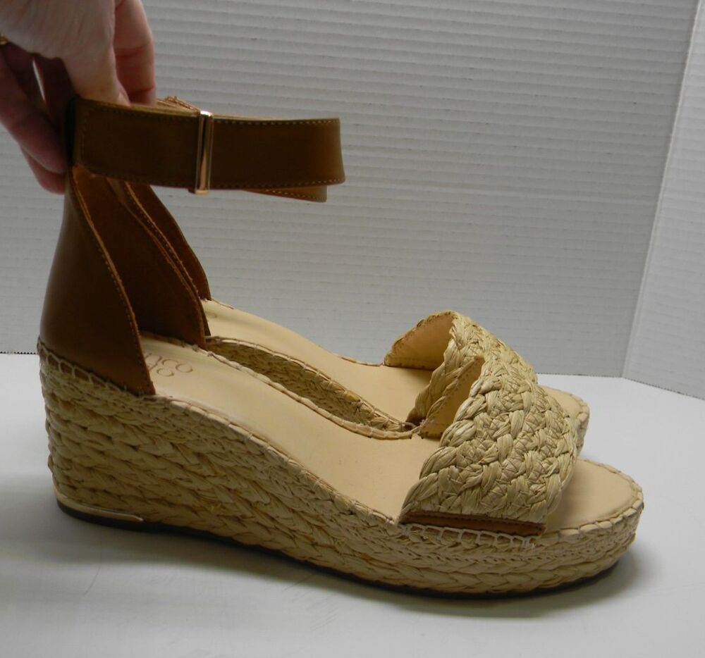 Franco Sarto Sandal Wedge Ankle Strap Brown Raffia Gold CLEMENS Sz 11 NWOT